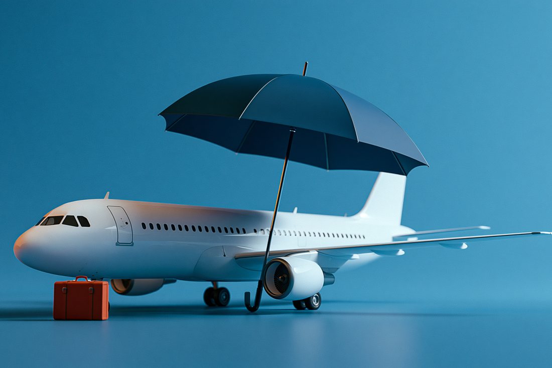 An airplane protected by an umbrella